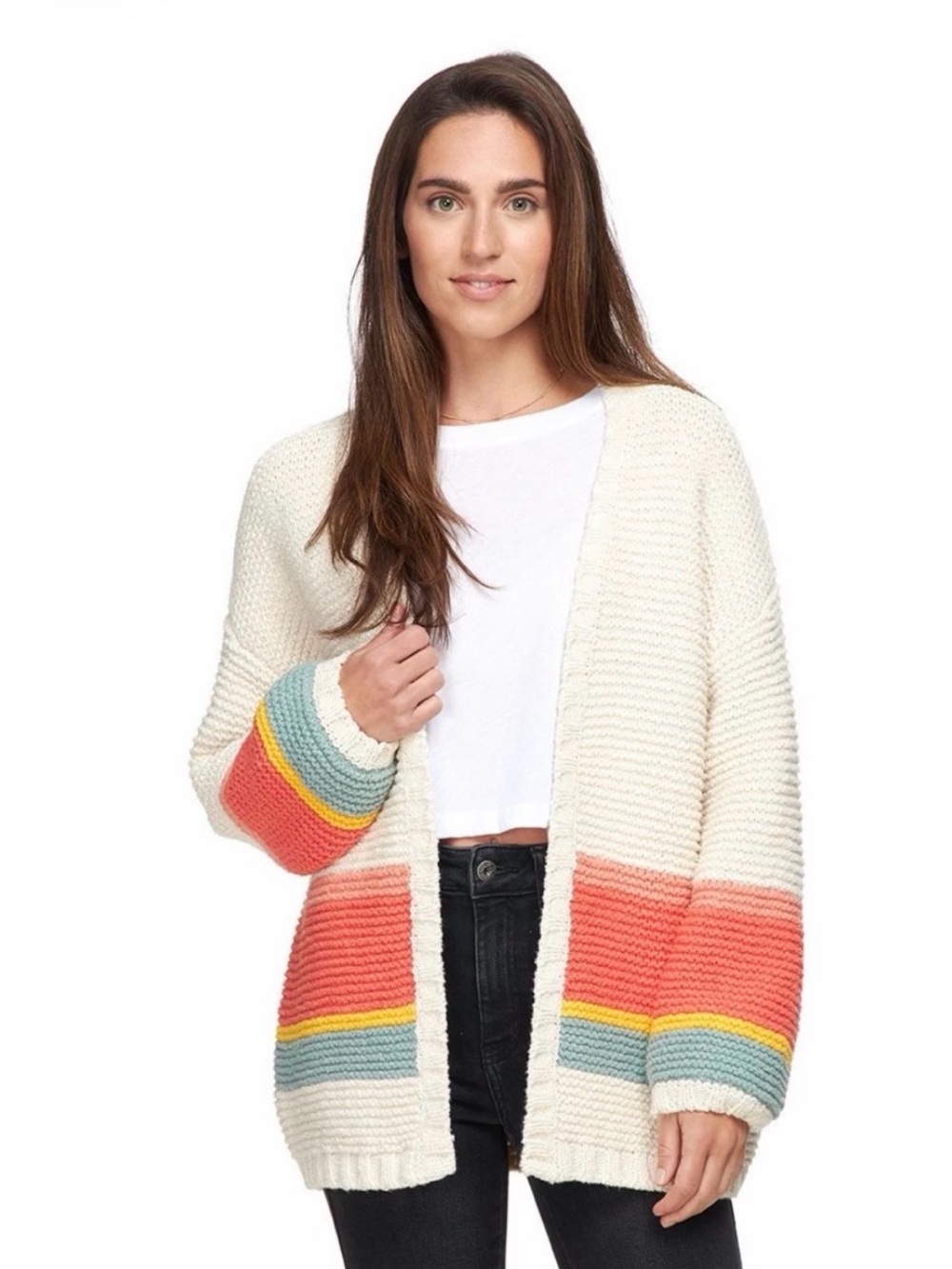 Marine Layer Karolina Cardigan Cream with Coral, Yellow and Blue Stripes